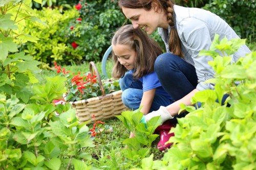 Close-up of a garden repair being inspected