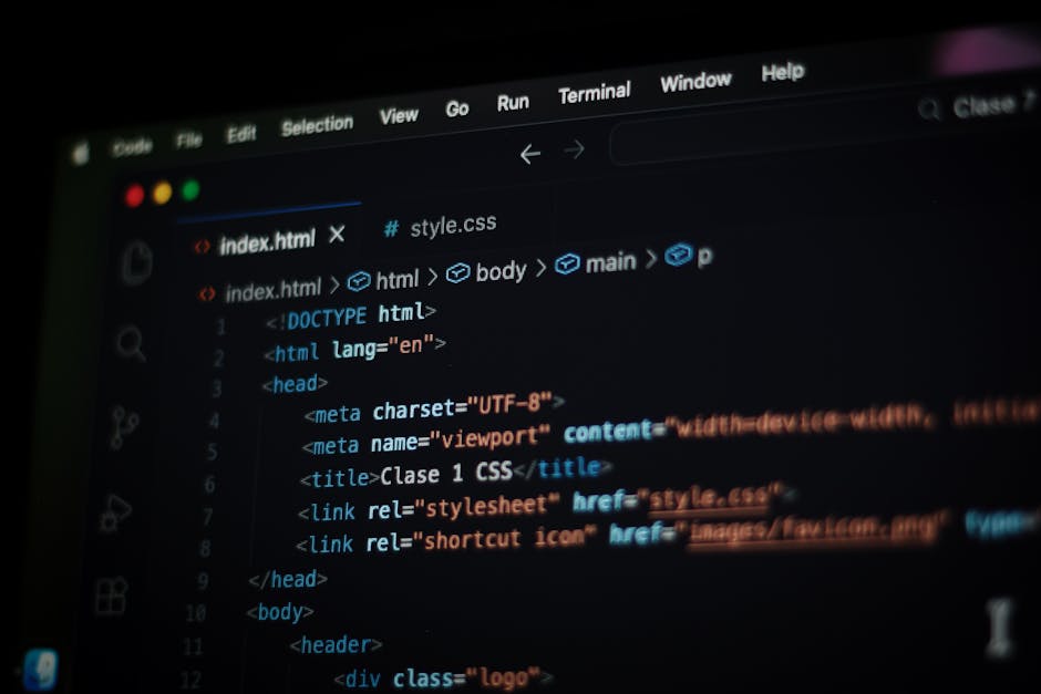 A close-up view of a computer screen displaying a coding interface focused on an HTML document. The code includes tags like <html>, <head>, <title>, <link>, and <body>, with syntax highlighting in var